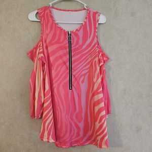 Women’s XL Neon Pink Zebra Print Swim Cover Up Cold Shoulder Zip Front Top